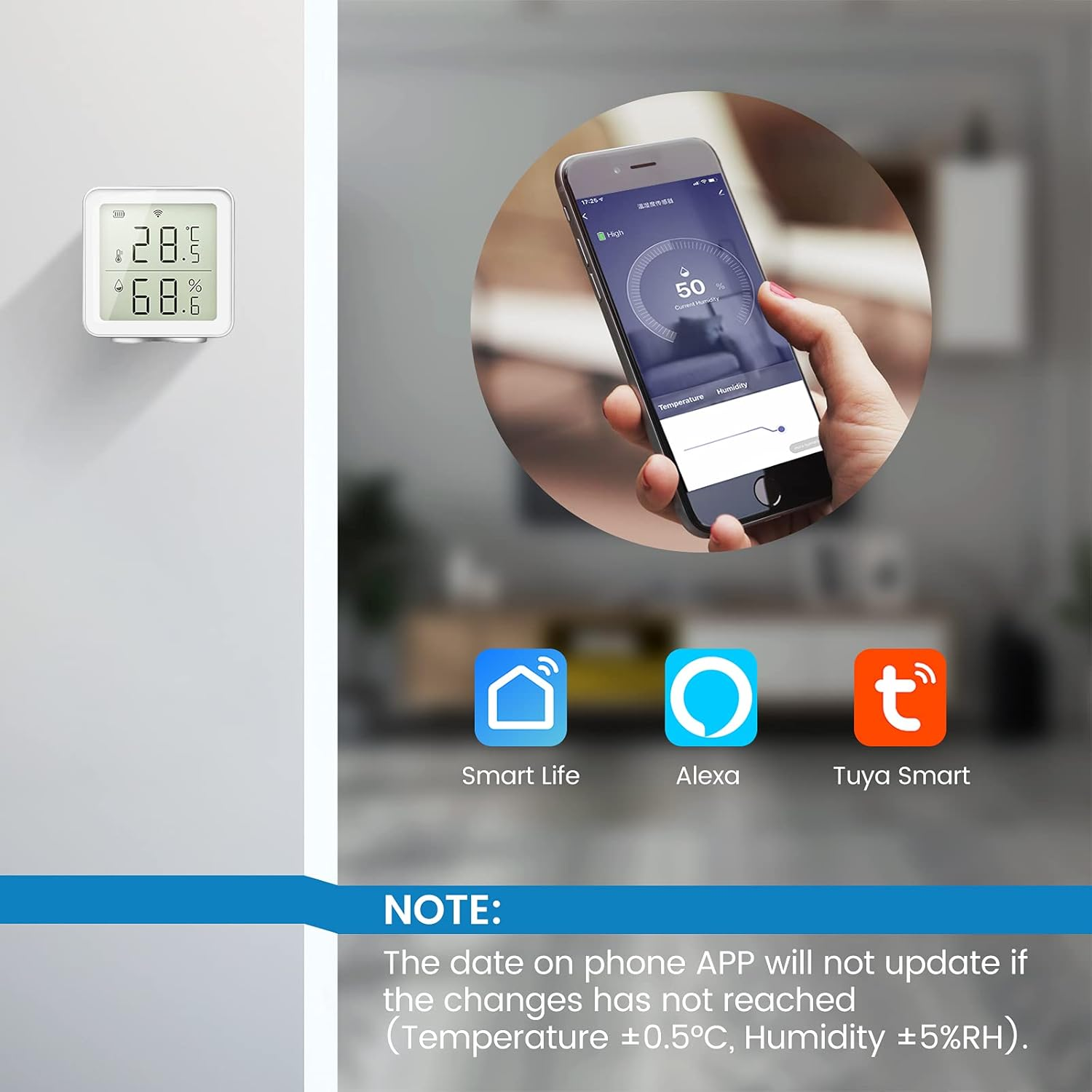 Ein weißes Digitalgerät zeigt Temperatur und Luftfeuchtigkeit an. Ein Telefon zeigt eine App mit 50 % Luftfeuchtigkeit. Symbole für Smart Life, Alexa und Tuya Smart.