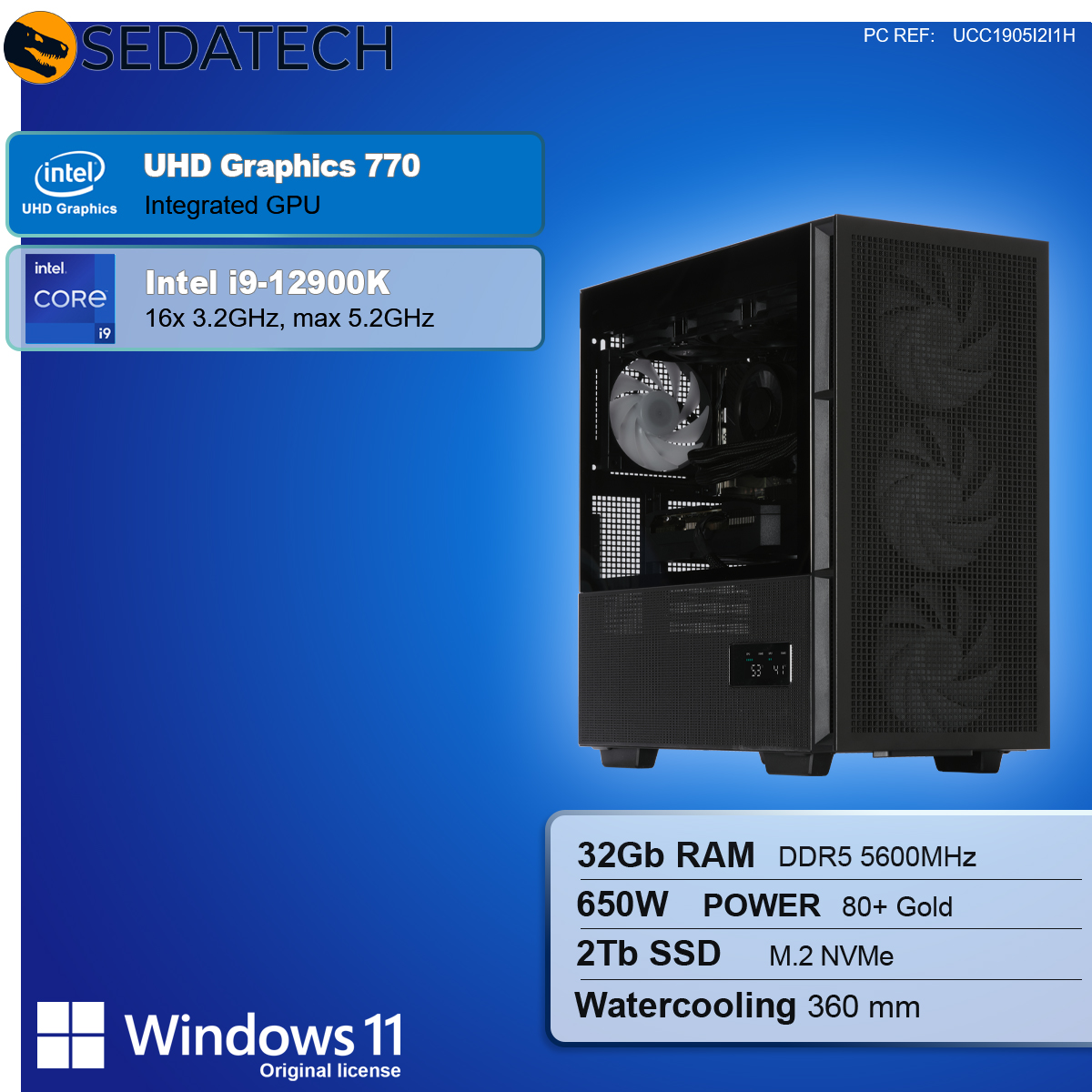 Ein Computergehäuse mit sichtbaren Komponenten, darunter CPU, RAM und Wasserkühlung. Zu den Spezifikationen gehören Intel i9, 32 GB RAM und 2 TB SSD.