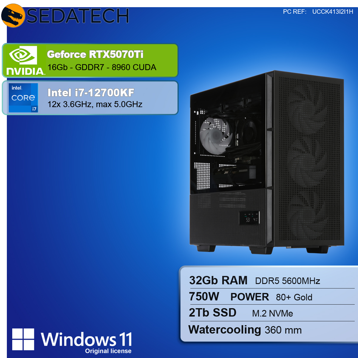 Un case per computer con componenti elencati. Include una Nvidia GeForce RTX5070Ti, processore Intel i7 e Windows 11.