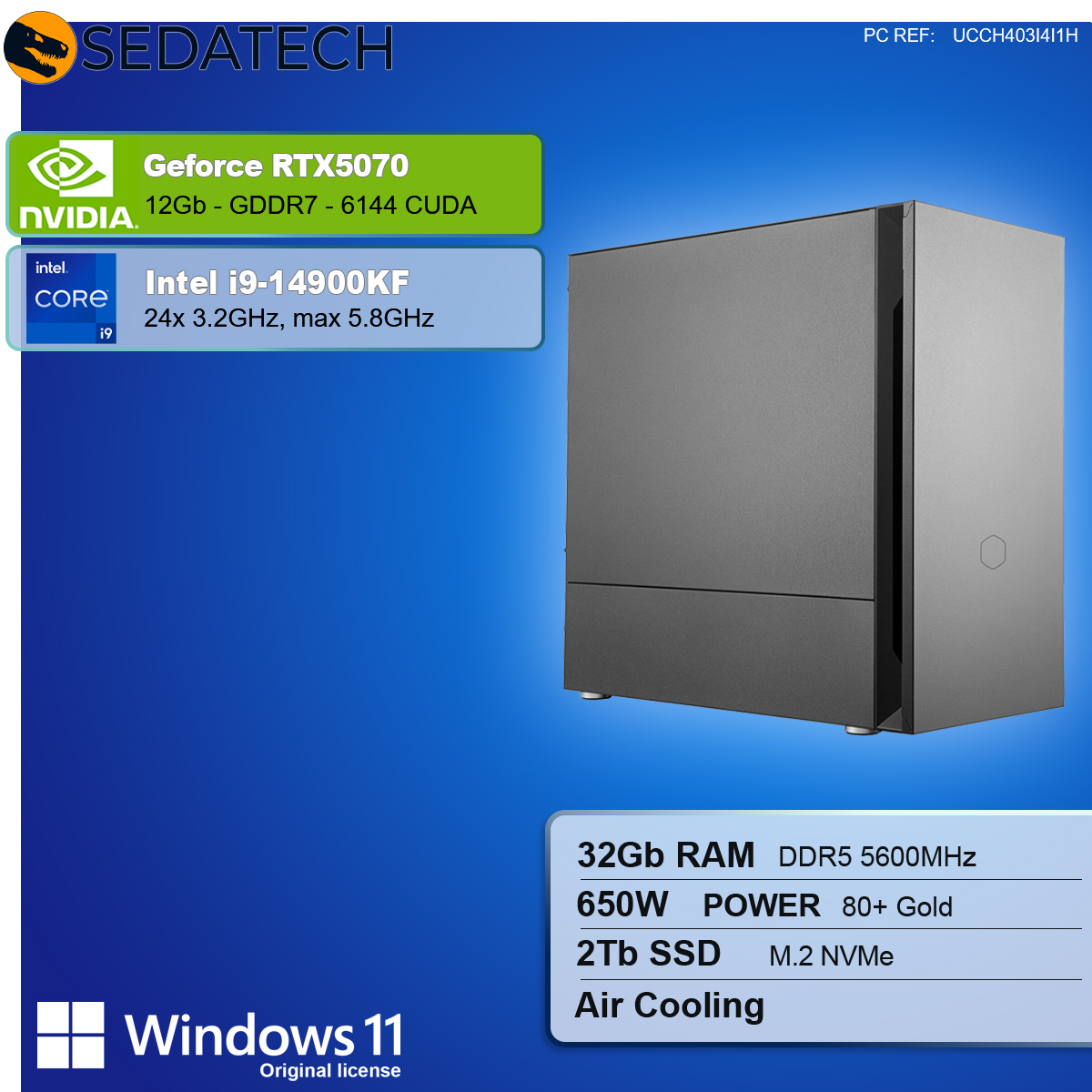 Ein Computergehäuse mit Komponenten wie GeForce RTX5070, Intel i9-14900KF, 32 GB RAM und Windows 11 Logo.