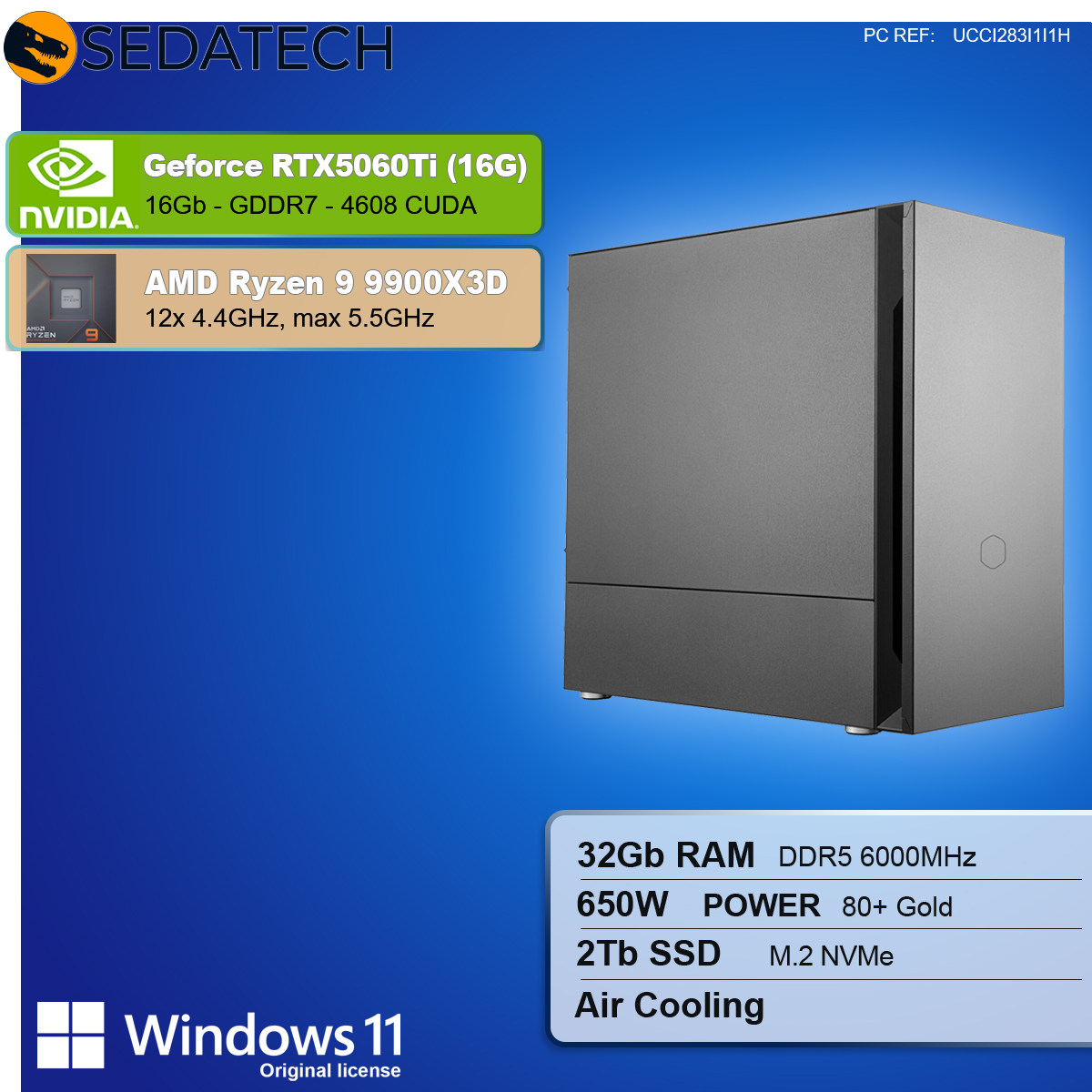 Un case per computer con dettagli dei componenti come NVIDIA GeForce RTX, AMD Ryzen, 32 GB di RAM, 2 TB SSD e Windows 11.