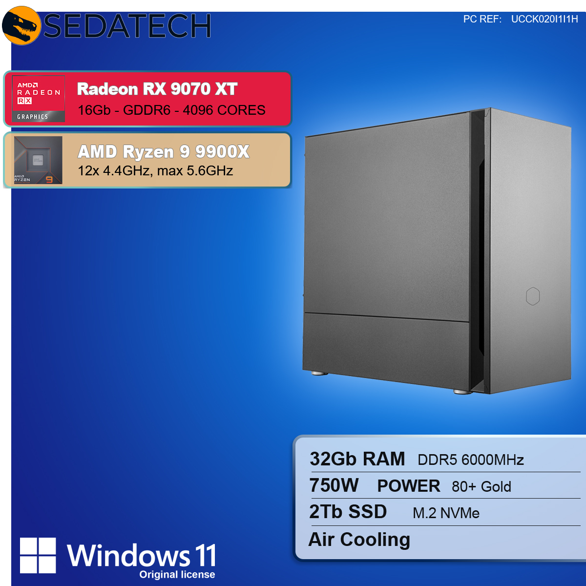 Un case per computer è a destra. Le informazioni a sinistra e in basso dettagliano le specifiche di RAM, SSD e CPU. Lo sfondo è blu.