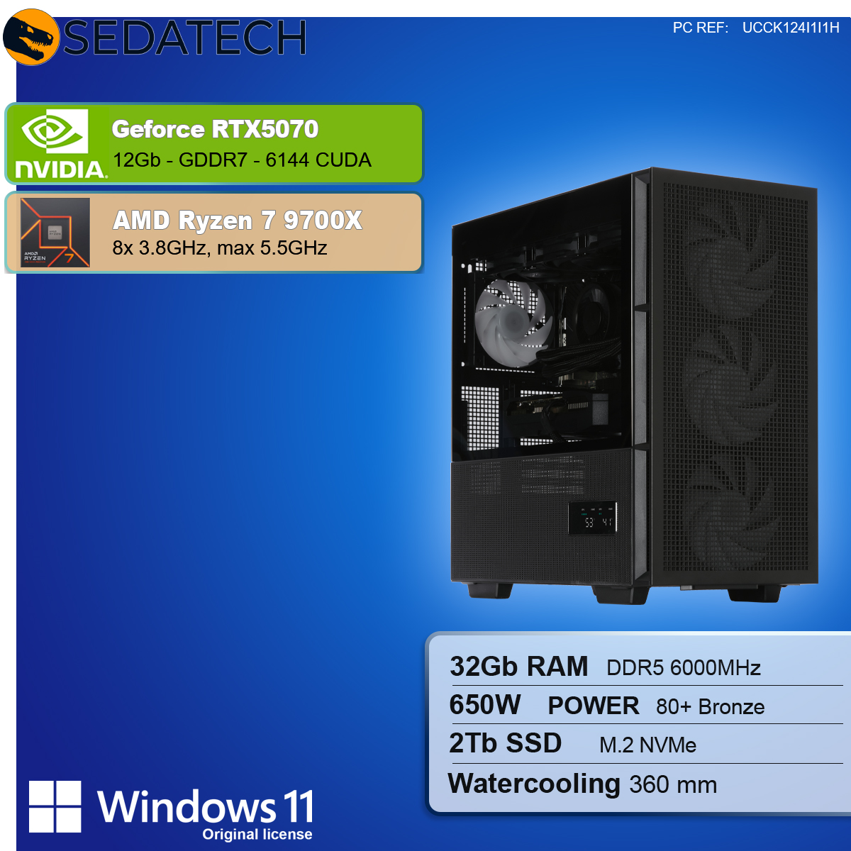 Obudowa komputera z wymienionymi komponentami. Zawiera GeForce RTX5070, AMD Ryzen 7 9700X, 32GB RAM, zasilacz 650W, 2TB SSD i chłodzenie wodne.