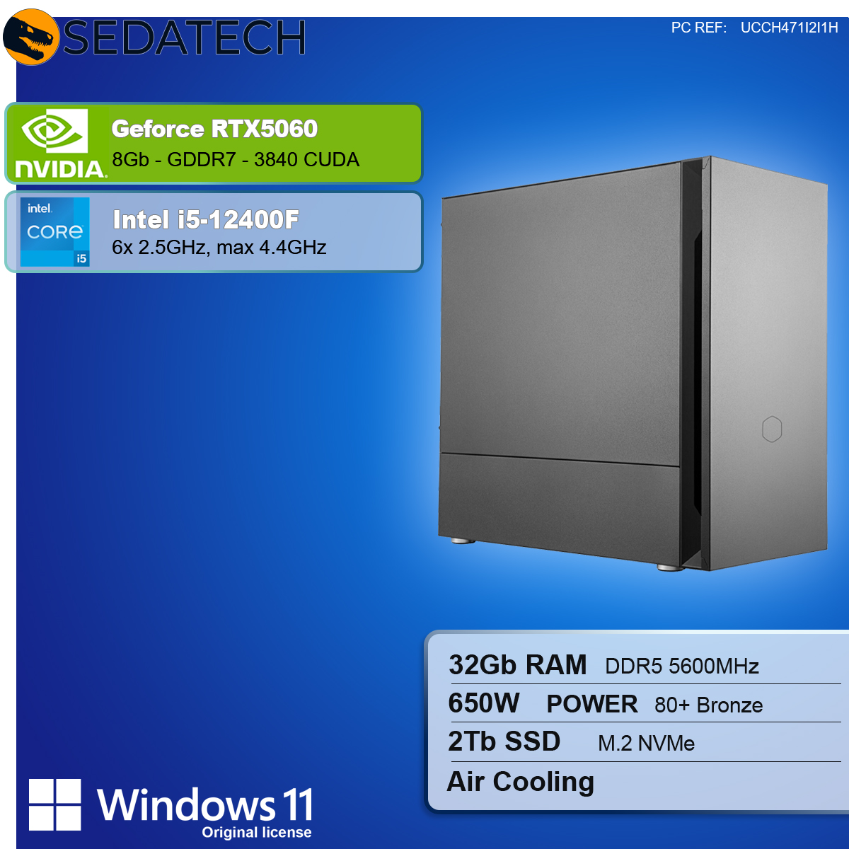 Un case per computer con NVIDIA GeForce RTX 5060, Intel i5, 32GB RAM, 2TB SSD e Windows 11. Dettagli su sfondo sfumato blu.