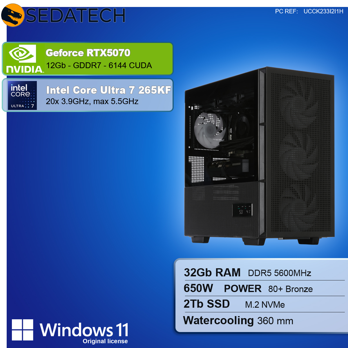 Czarna obudowa komputera z widocznymi komponentami, specyfikacje: RTX5070, Intel Core Ultra 7, 32 GB RAM, 2 TB SSD, chłodzenie wodne i Windows 11.