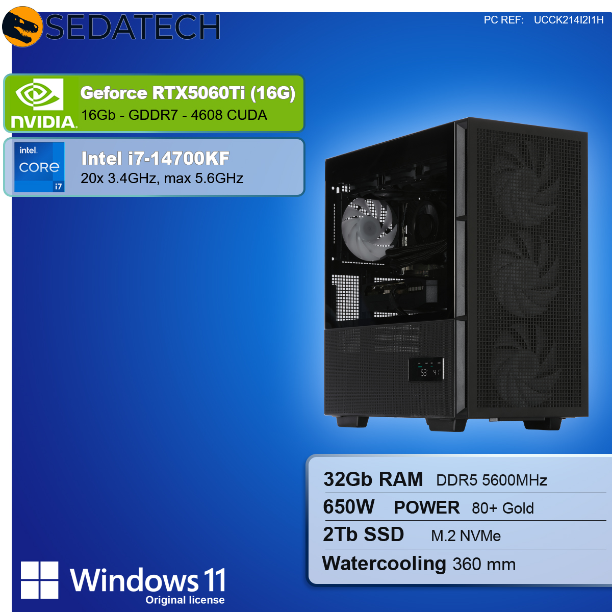 Un case di computer con componenti visibili, tra cui una scheda grafica, un processore e RAM, con specifiche e logo di Windows 11.