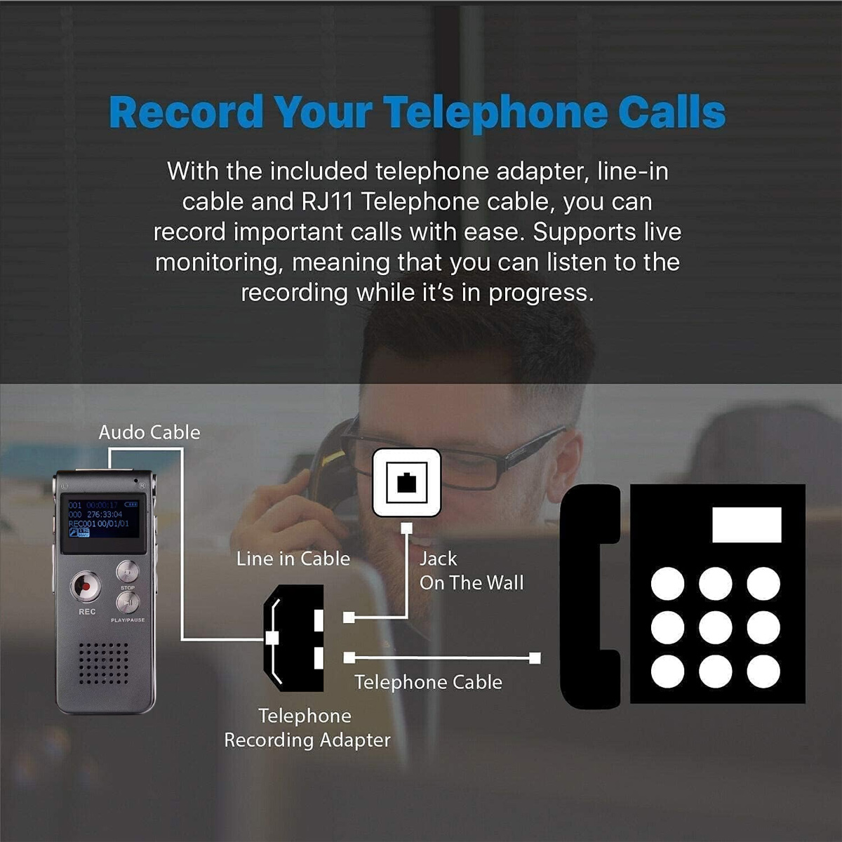 Diagramm zeigt Telefonaufnahme-Setup. Es umfasst einen Rekorder, Kabel, Telefonanschluss und ein Telefon, mit Textbeschriftungen.