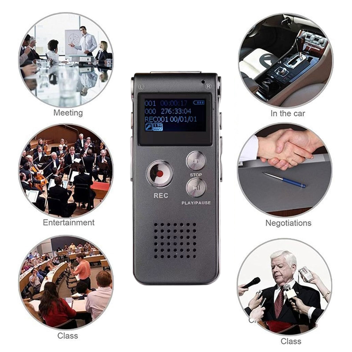 Ein digitales Sprachaufnahmegerät wird von Bildern umgeben: ein Meeting, Unterhaltung, Autointerieur, Verhandlungen, eine Klasse und ein Mann spricht.
