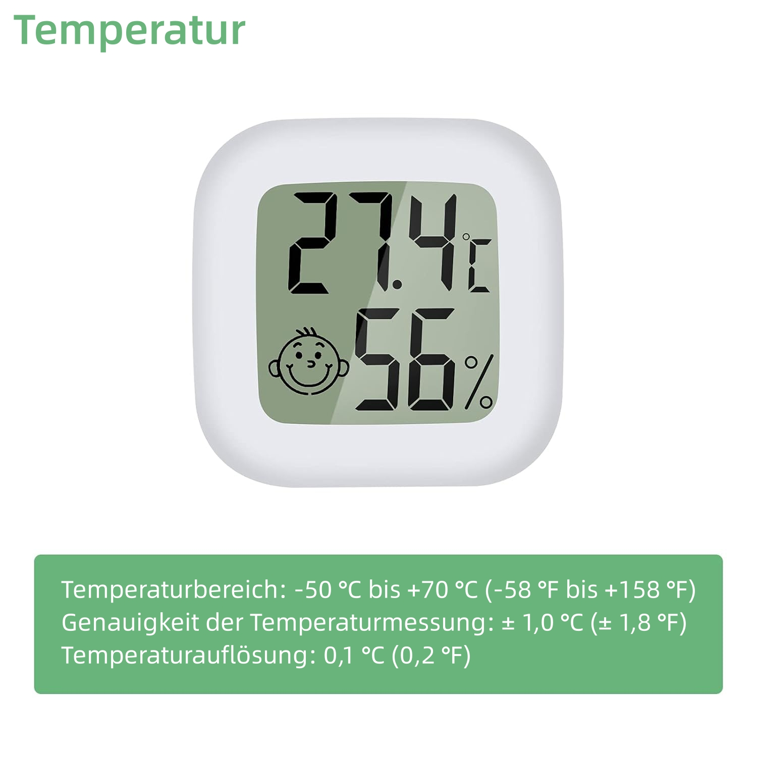 Ein weißes digitales Thermometer zeigt 27,4°C und 56% an. Es hat ein lächelndes Gesichtssymbol unten.