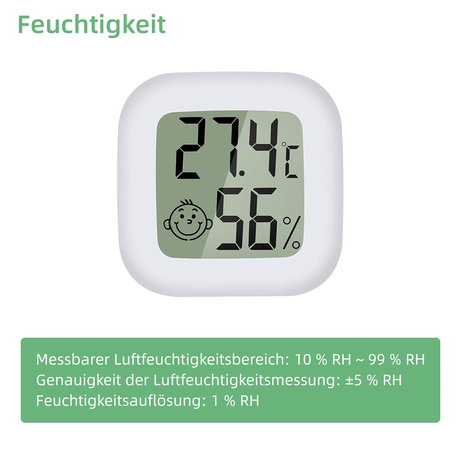 Ein weißes quadratisches Gerät zeigt 27,4 °C und 56 % an. Das Gerät hat ein Smiley-Symbol. Grüner Text oben lautet 'Feuchtigkeit'.
