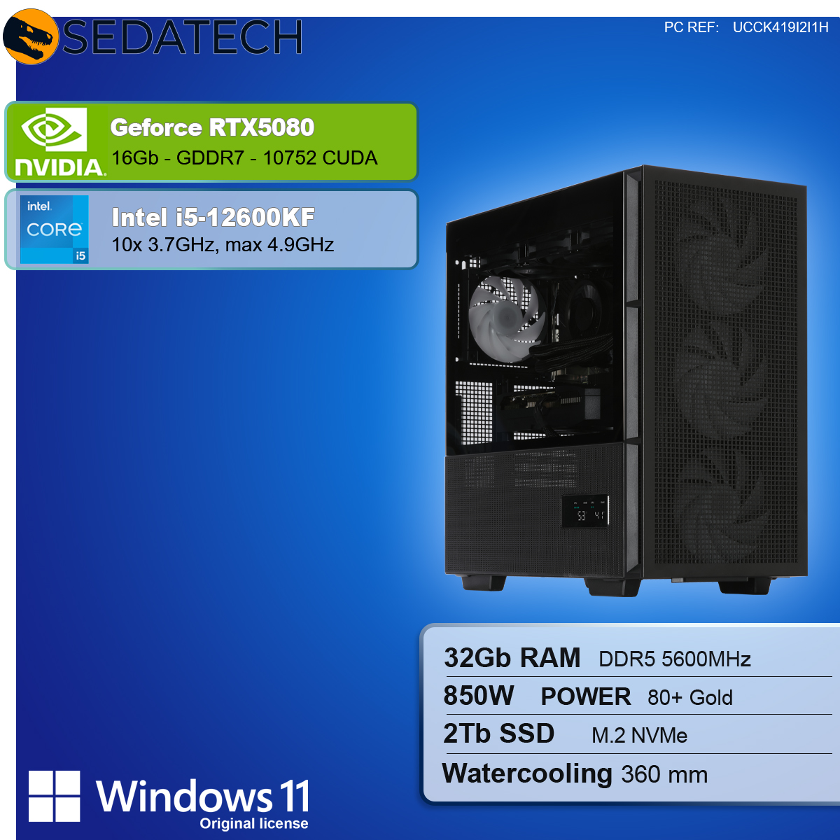 Case PC nero con componenti: RTX5080, Intel i5, 32GB RAM, 2TB SSD e Windows 11. Sfondo blu.