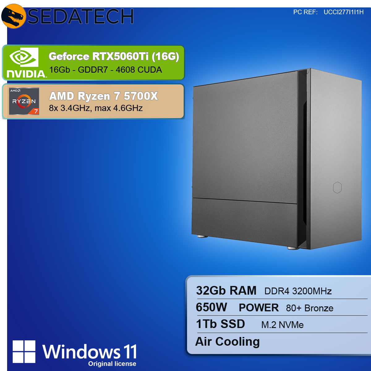 Obudowa komputera z komponentami jak GeForce RTX5060Ti, AMD Ryzen 7 5700X, 32GB RAM, 650W i Windows 11.