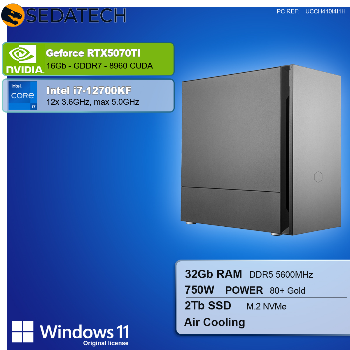 Un case per computer con dettagli dei componenti come GeForce RTX5070Ti, Intel i7, RAM e logo Windows 11.