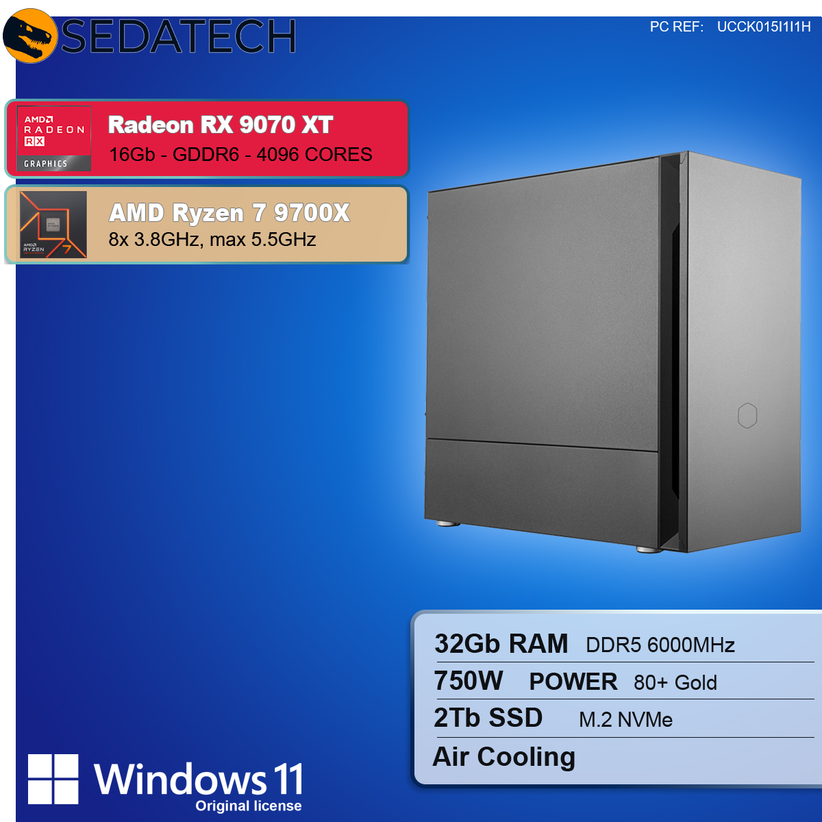 Un case per computer a destra. Informazioni a sinistra: Radeon RX 9070 XT, AMD Ryzen 7 9700X e Windows 11.
