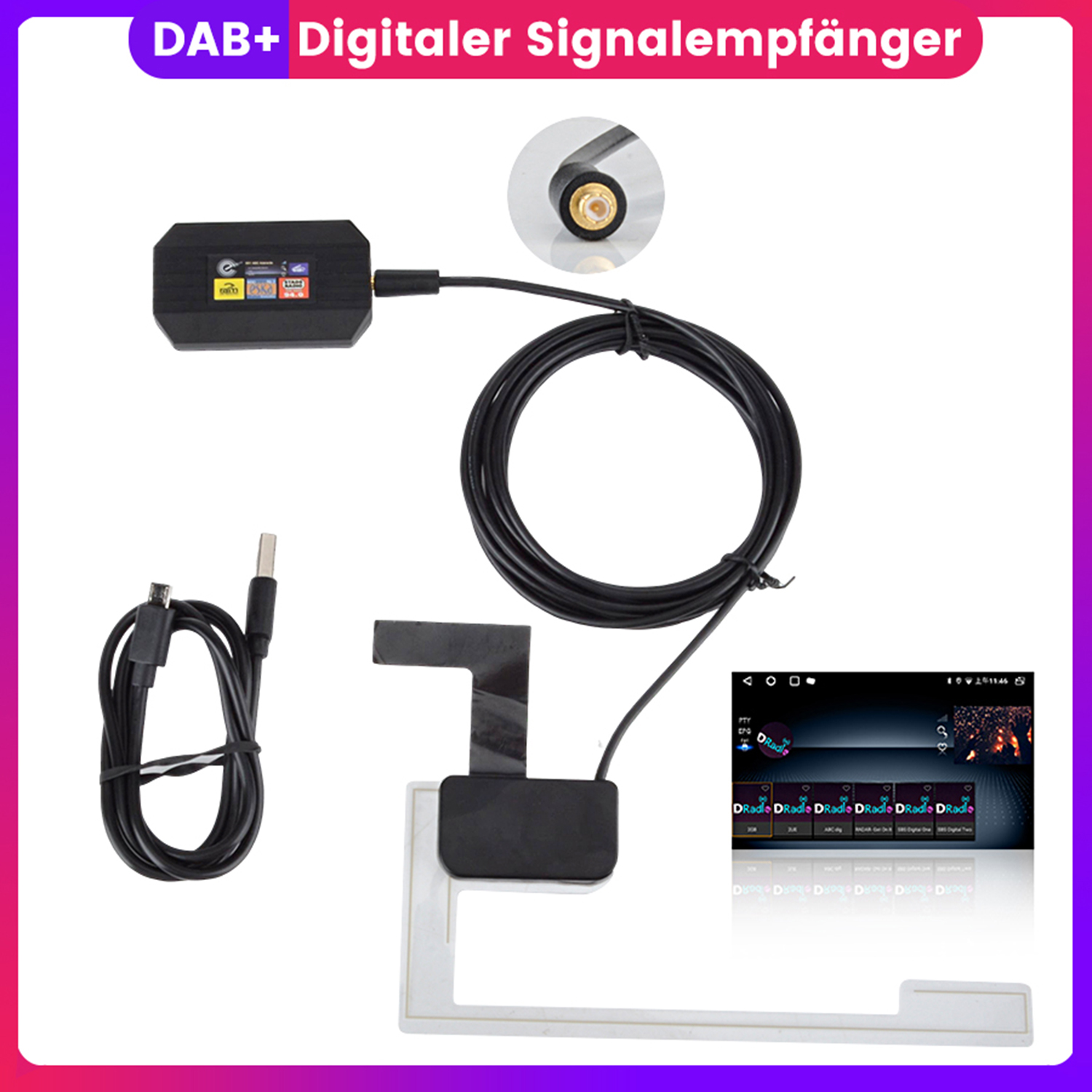 DAB+ Digitaler Signalempfänger mit Kabeln, Antenne und Display, das die Radioschnittstelle zeigt, alles auf weißem Hintergrund.