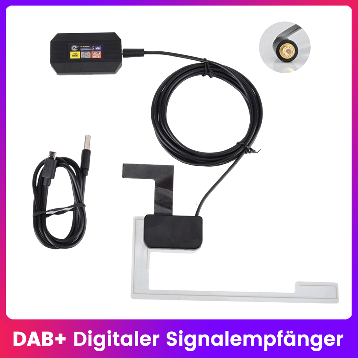 DAB+ digitaler Signalempfänger mit Kabeln, Antenne und Stecker. Schwarze Box, weißer Antennenrahmen und USB-Kabel.