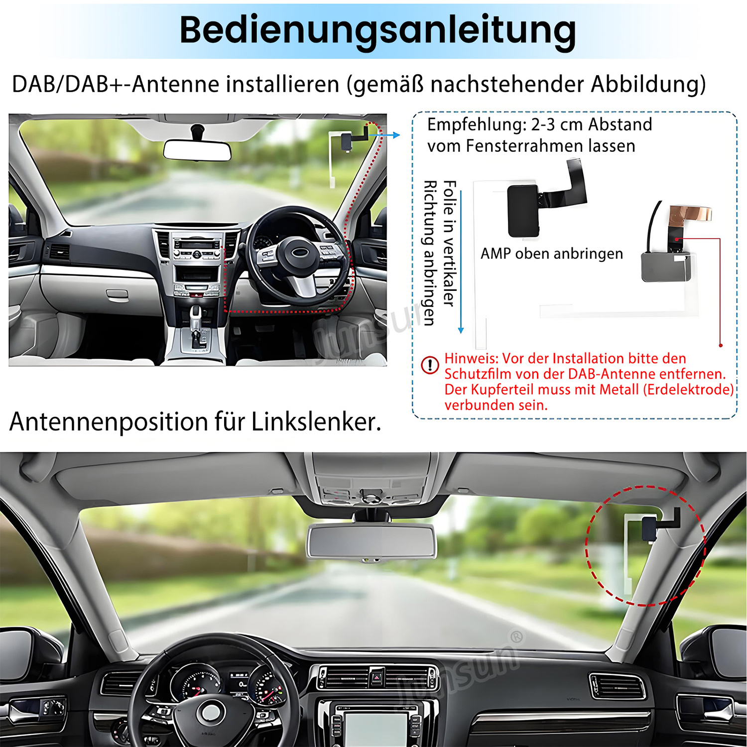 Diagramm mit Auto-Innenraum und Antennen-Installationsanweisungen. Enthält Text und Bilder für die Antennenplatzierung und Setup-Details.