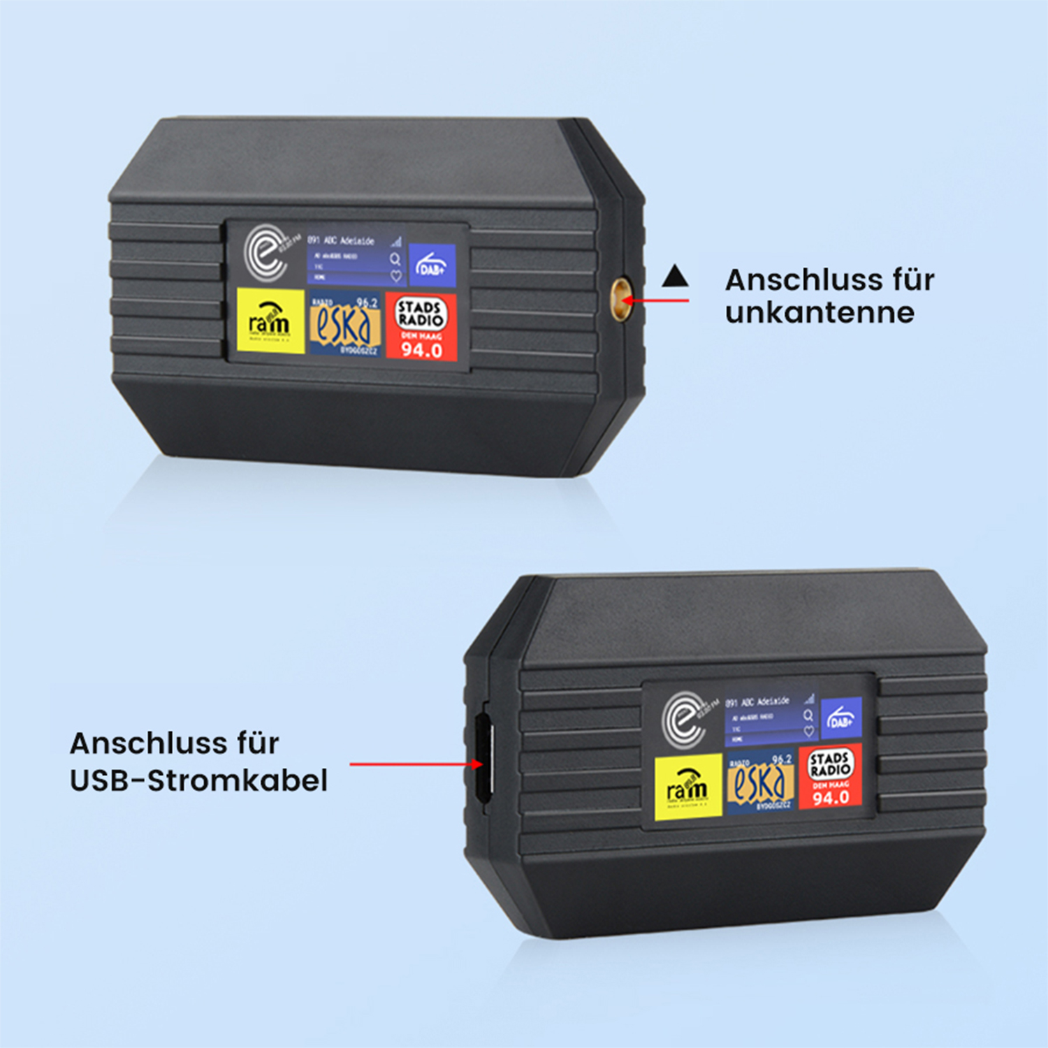 Zwei schwarze Radiogeräte mit Bildschirmen, die Radiosenderinformationen anzeigen. Textbezeichnungen zeigen Antennen- und USB-Anschlüsse.