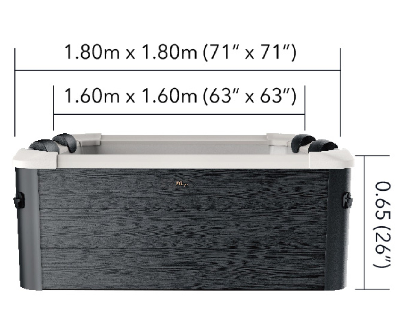 Ein dunkler Whirlpool aus Holz. Abmessungen: 1,80m x 1,80m, 1,60m x 1,60m und 0,65m hoch. Schwarze Griffe.