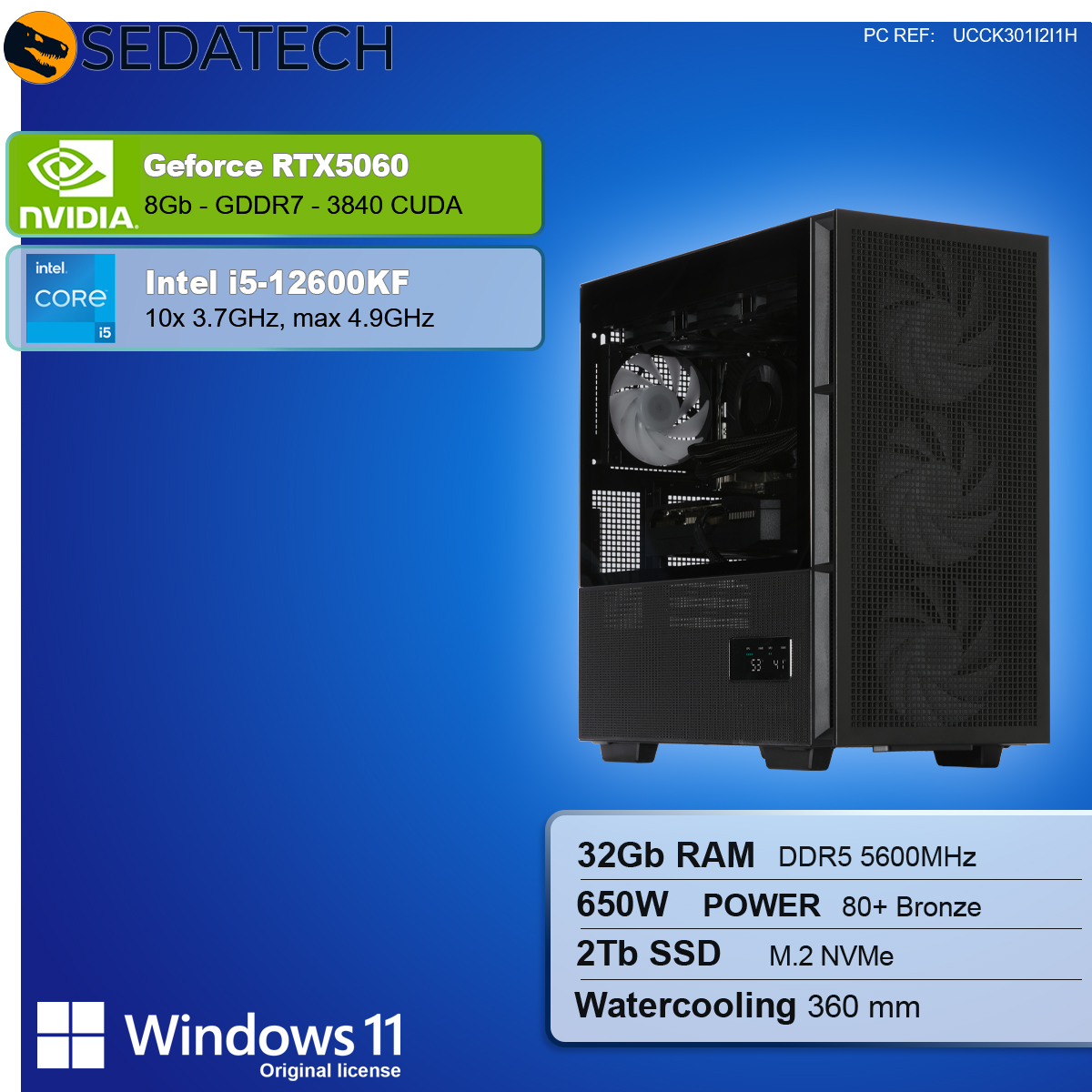 Torre del computer nera con specifiche: GeForce RTX5060, Intel i5, 32GB RAM, 2TB SSD e Windows 11.