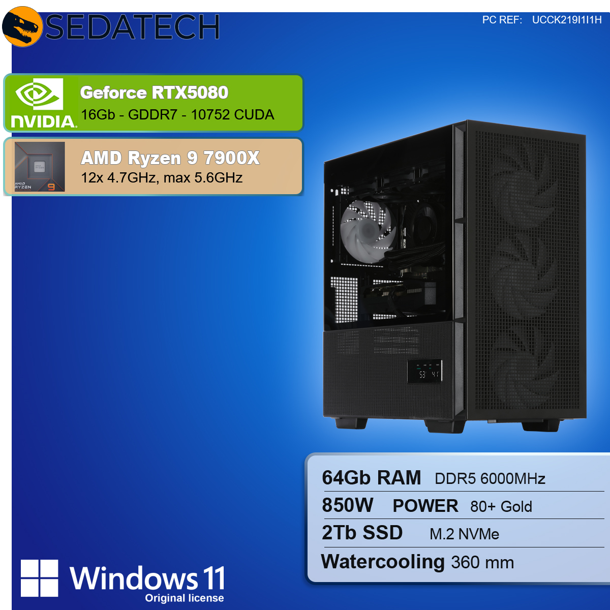 Un case per computer con componenti elencati, tra cui scheda grafica, CPU, RAM, alimentatore e memoria. Il case è nero con frontale a rete.