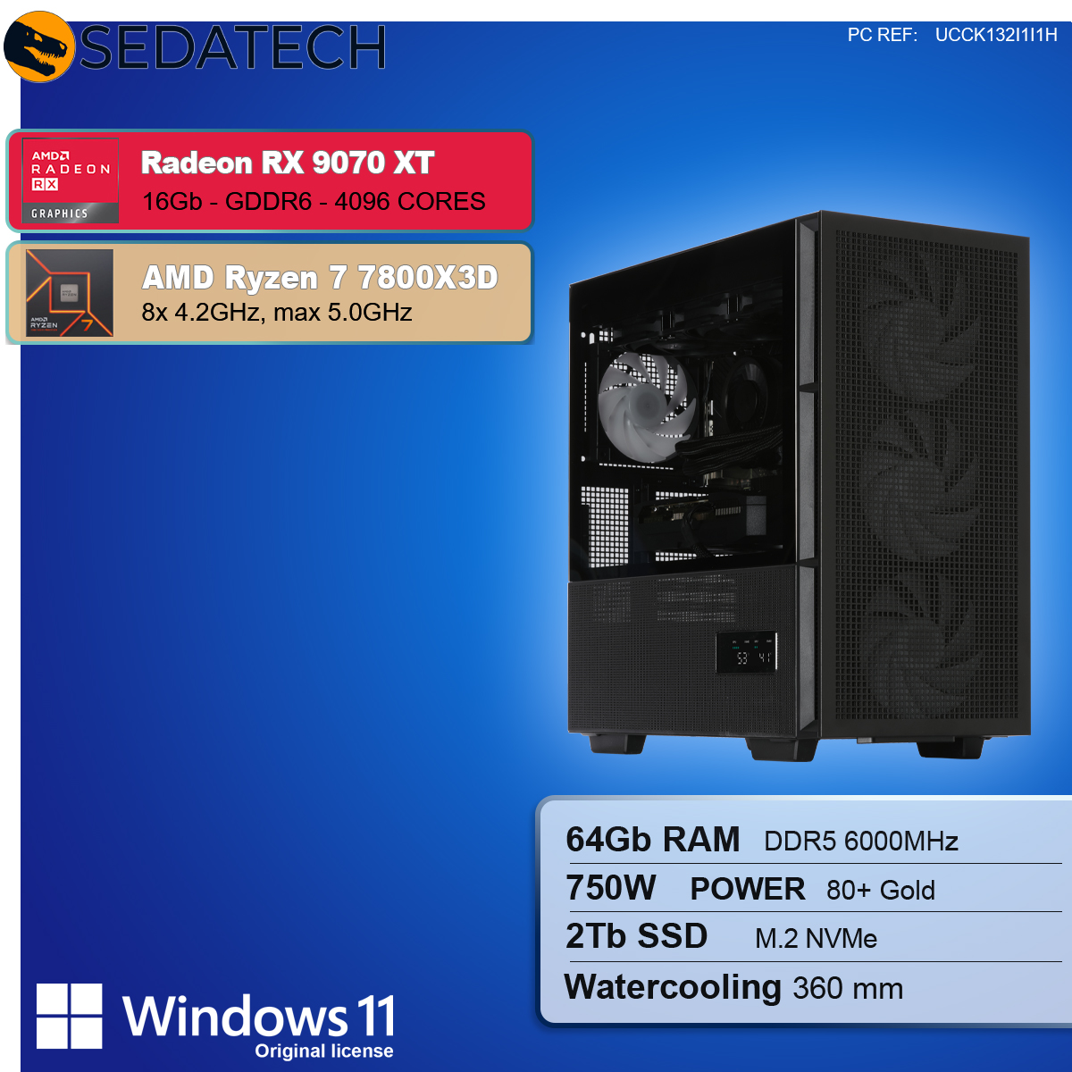 Un case di computer con componenti visibili, tra cui una scheda grafica e un processore, con dettagli delle specifiche. Sfondo blu.