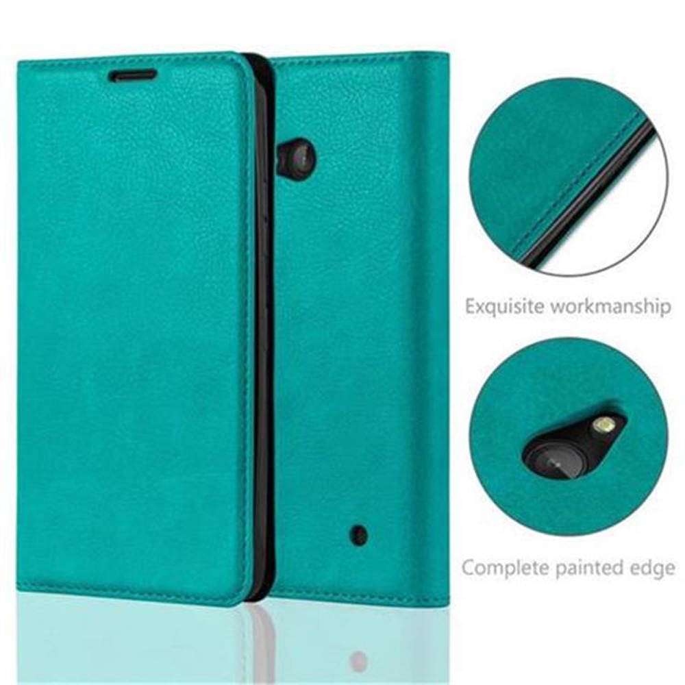 Custodia per telefono color verde acqua. Aperta, con un telefono nero all'interno. Due cerchi mostrano la lavorazione e un ritaglio per la fotocamera.