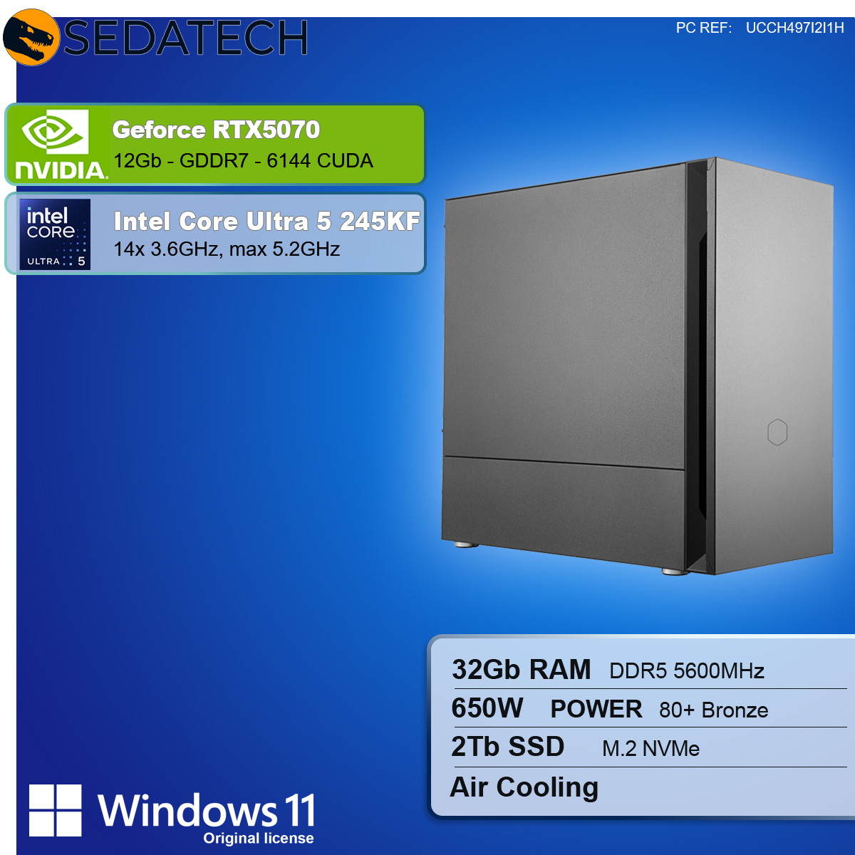 Un case per computer con dettagli sui componenti come RTX 5070, Intel Core Ultra 5, 32GB RAM, 2TB SSD e Windows 11.