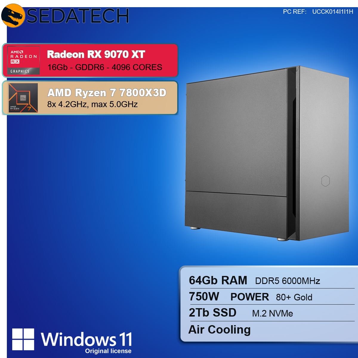 Obudowa komputera ze szczegółami komponentów, takich jak Radeon RX 9070 XT i AMD Ryzen 7 7800X3D, logo Windows 11 i specyfikacje.