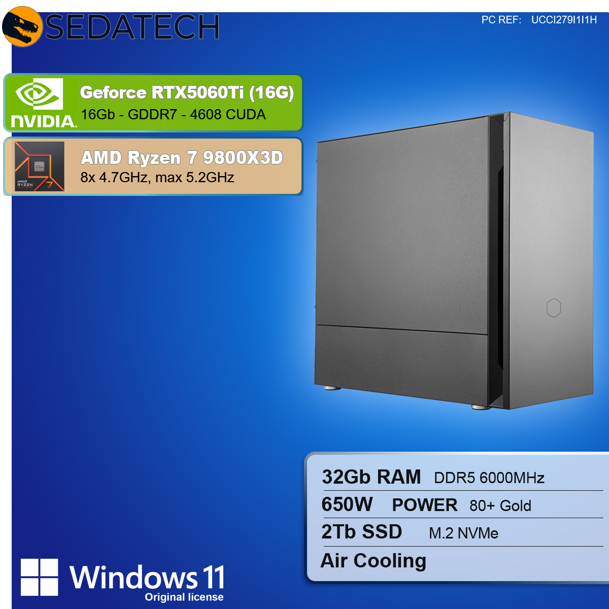 Obudowa komputera na niebieskim tle. Specyfikacje: RTX5060Ti, Ryzen 7, 32GB RAM, 2TB SSD i Windows 11.