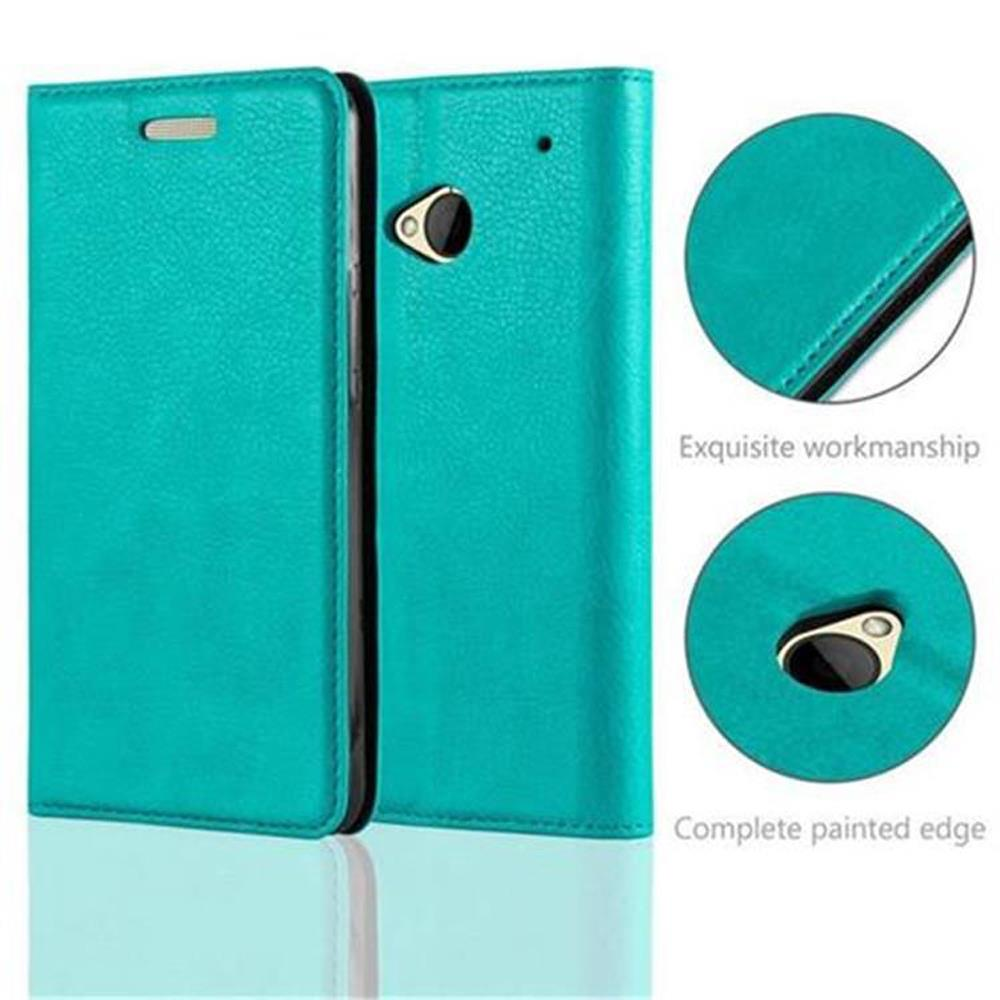 Una funda de teléfono turquesa, abierta para revelar el teléfono. Pequeñas inserciones circulares destacan detalles.