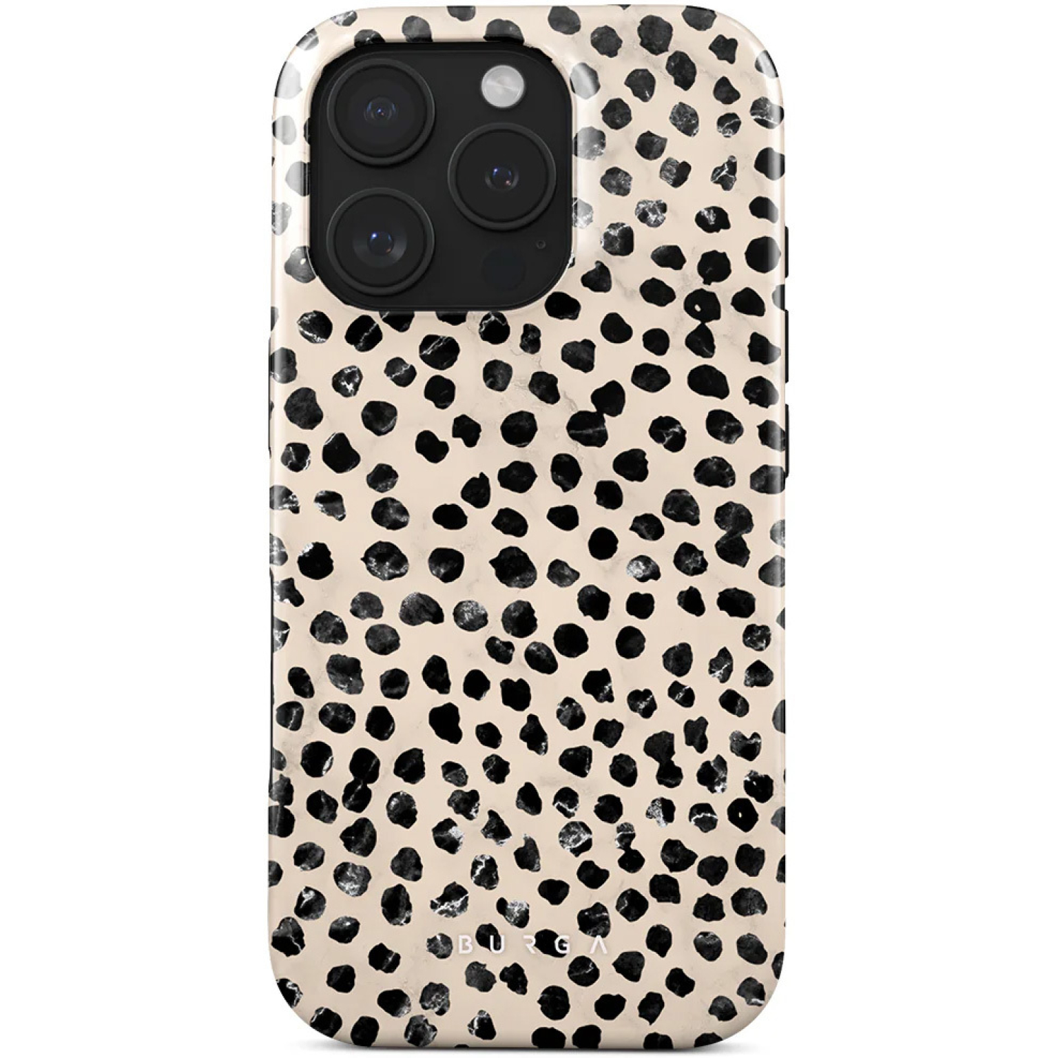 Een telefoonhoesje met een crèmekleurige achtergrond en zwarte stippen. De hoes heeft een camera met drie lenzen.