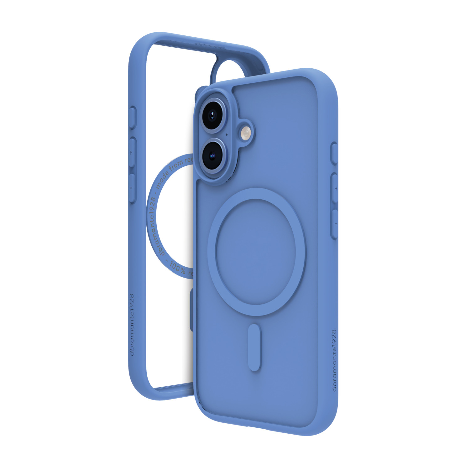 Viene mostrata una custodia blu per telefono con una cornice trasparente. La custodia ha un ritaglio circolare e una fessura verticale. Lo sfondo è bianco.