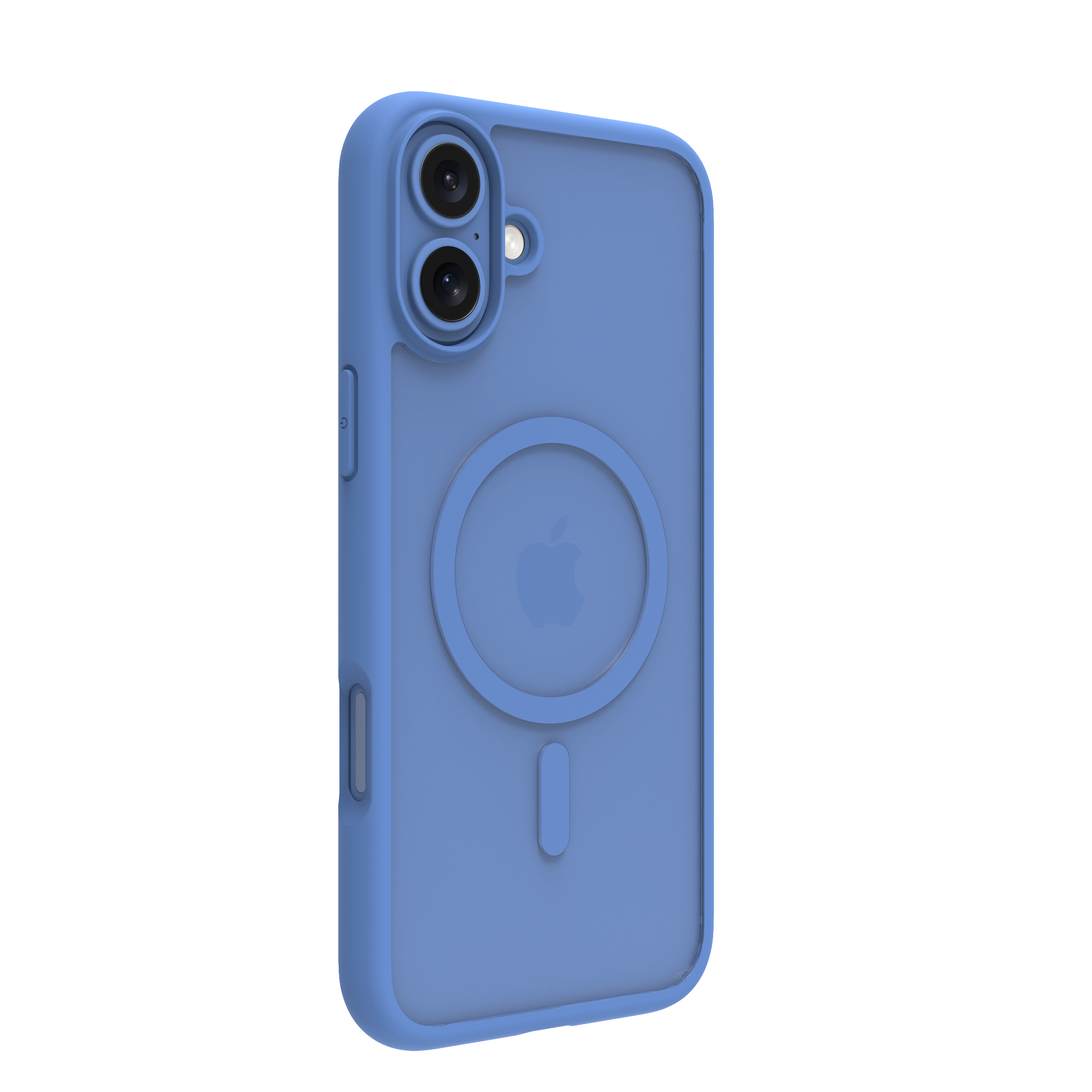 Una custodia blu per telefono con logo Apple. Ha un ritaglio per la fotocamera, pulsanti laterali e un cerchio MagSafe.