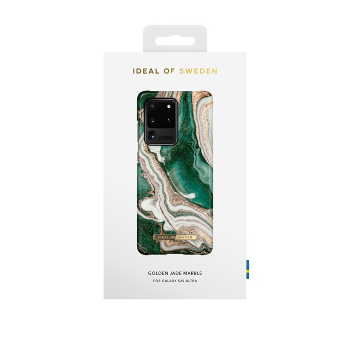 Una custodia per telefono con design in marmo giada in una scatola bianca. La scatola ha il marchio Ideal of Sweden.