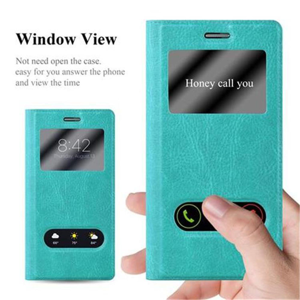 Dos fundas para teléfonos turquesas. Una muestra las 8:42 e iconos del tiempo. La otra dice "Honey call you" y tiene botones de llamada.