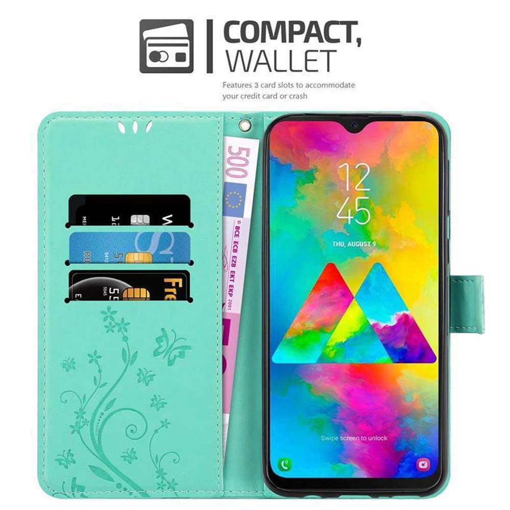 Un portafoglio verde acqua con un telefono all'interno. Il telefono mostra uno schermo colorato. Carte di credito e una banconota da 500 euro sono visibili.