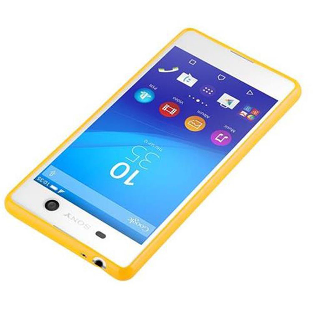 Uno smartphone Sony bianco e giallo è angolato su una superficie bianca. Lo schermo mostra icone e l'ora 10:35.