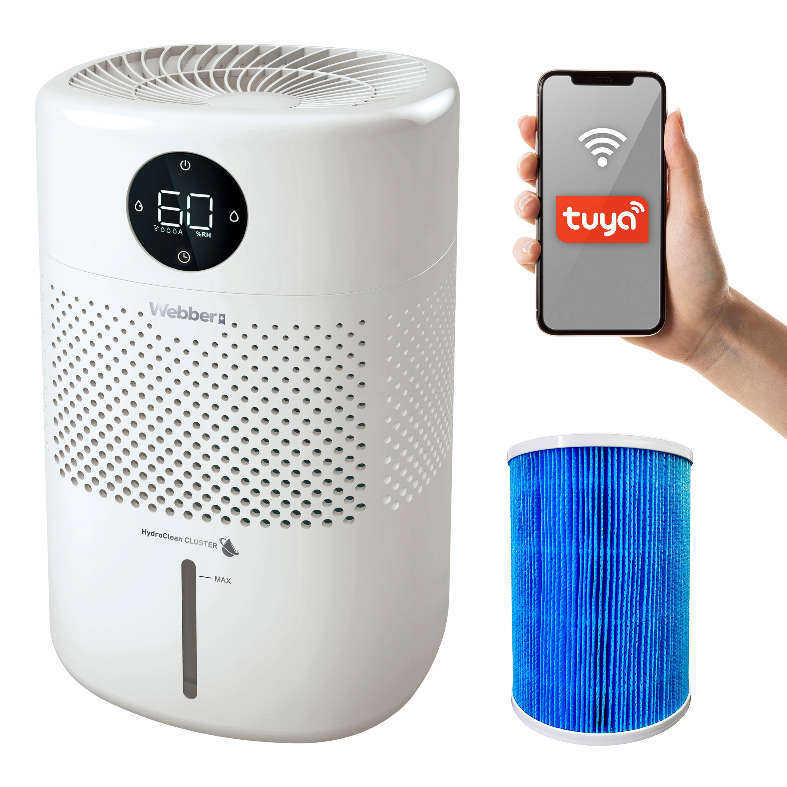 Biały oczyszczacz powietrza z wyświetlaczem, niebieskim filtrem i smartfonem z logo Tuya.