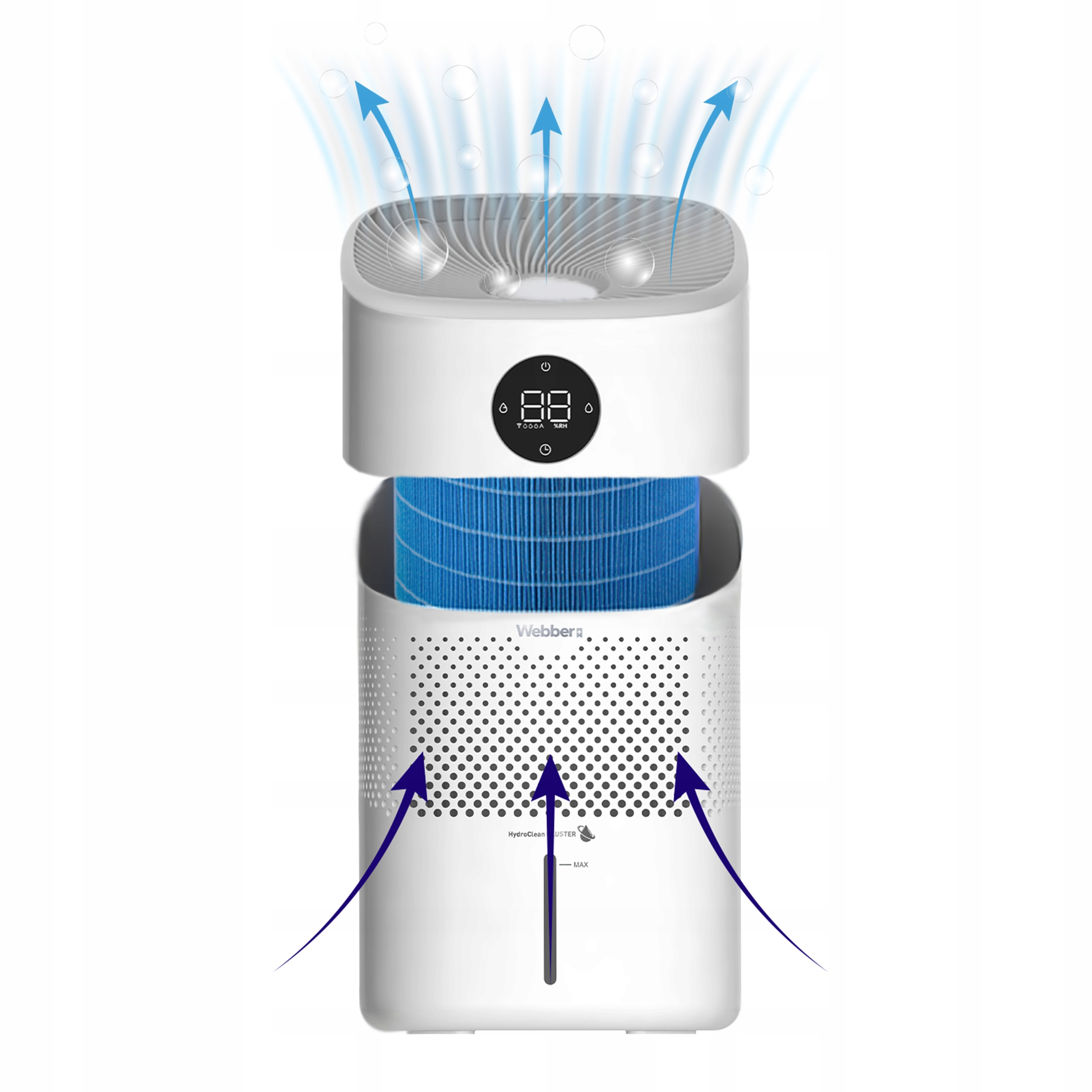 Biały oczyszczacz powietrza z niebieskim filtrem. Strzałki wskazują przepływ powietrza. Cyfrowy wyświetlacz na górze. Pokazano bąbelki.