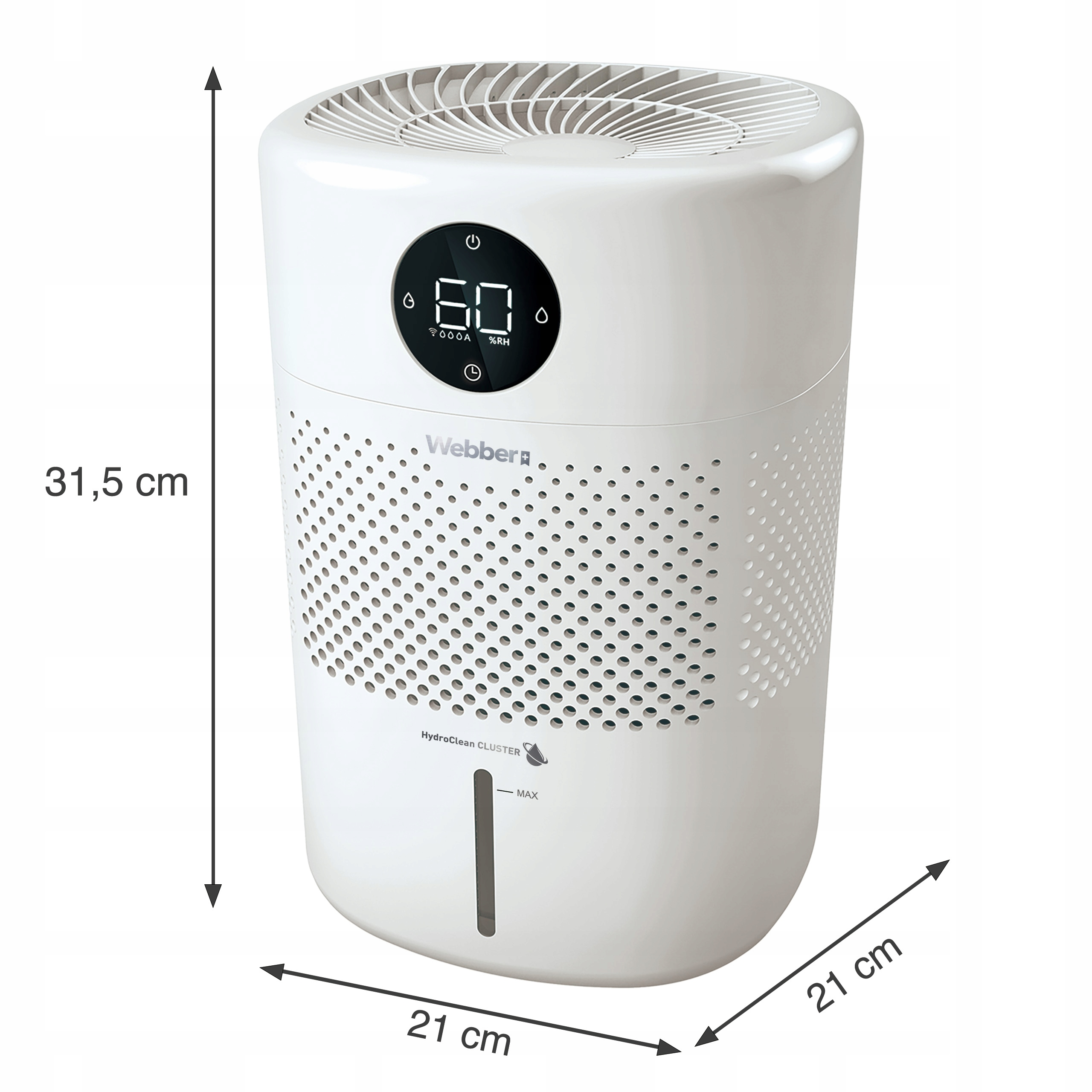 Biały oczyszczacz powietrza z cyfrowym wyświetlaczem wilgotności. Wymiary są wskazane. Marka to Webber.