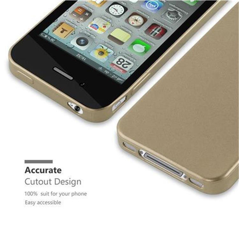 Ein goldenes iPhone und eine Hülle werden angezeigt. Der Bildschirm des Telefons zeigt Apps. Text unten: Präzises Cutout-Design.