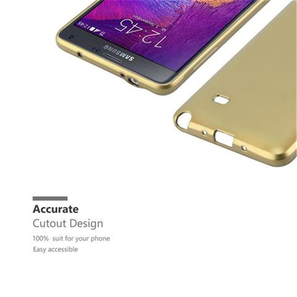 Goldene Handyhülle und Handy. Das Handy zeigt die Uhrzeit 12:45 an. Die Hülle hat Aussparungen für Anschlüsse. Text auf dem Handy: SAMSUNG.