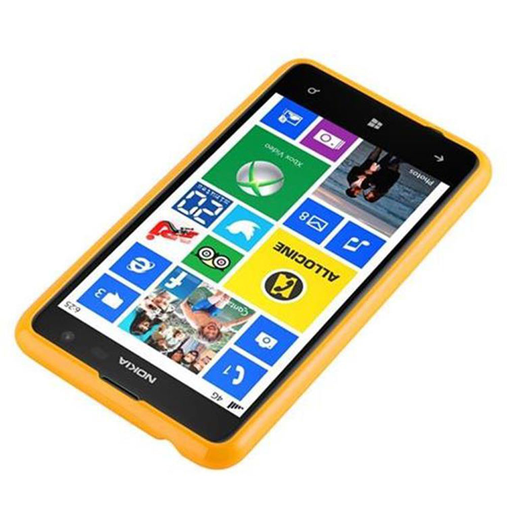 Un telefono Nokia con custodia gialla mostra un'interfaccia colorata con icone di app. Lo schermo mostra varie riquadri di app.