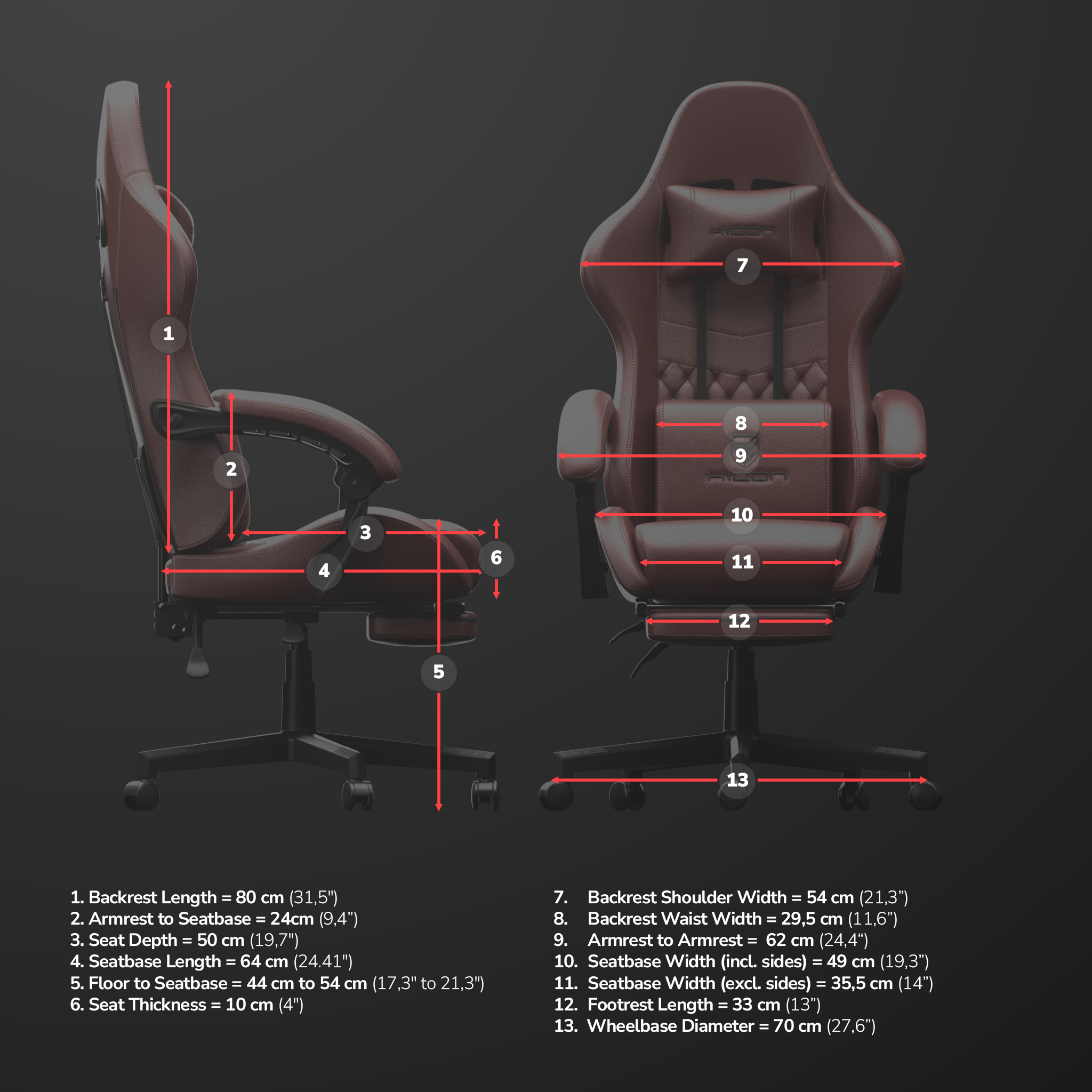 Chaise de jeu marron, dimensions étiquetées. Comprend dossier, accoudoirs, siège et empattement. Des mesures sont fournies.