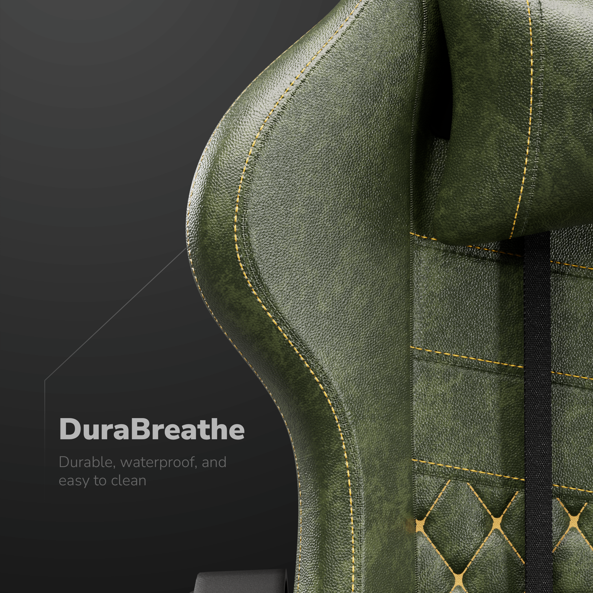 Primo piano di una sedia in pelle verde con cuciture gialle. Il testo 'DuraBreathe' è visibile, con dettagli sulla durata.