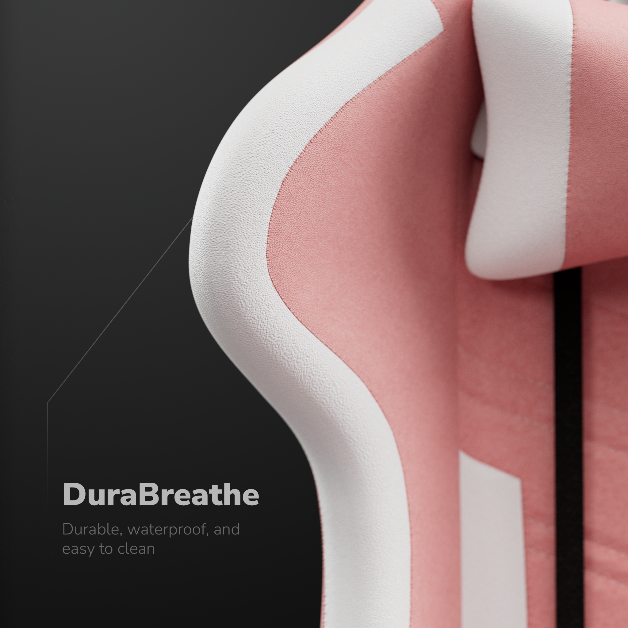 Gros plan d'un matériau texturé rose et blanc. Fond noir, texte 'DuraBreathe' avec détails.