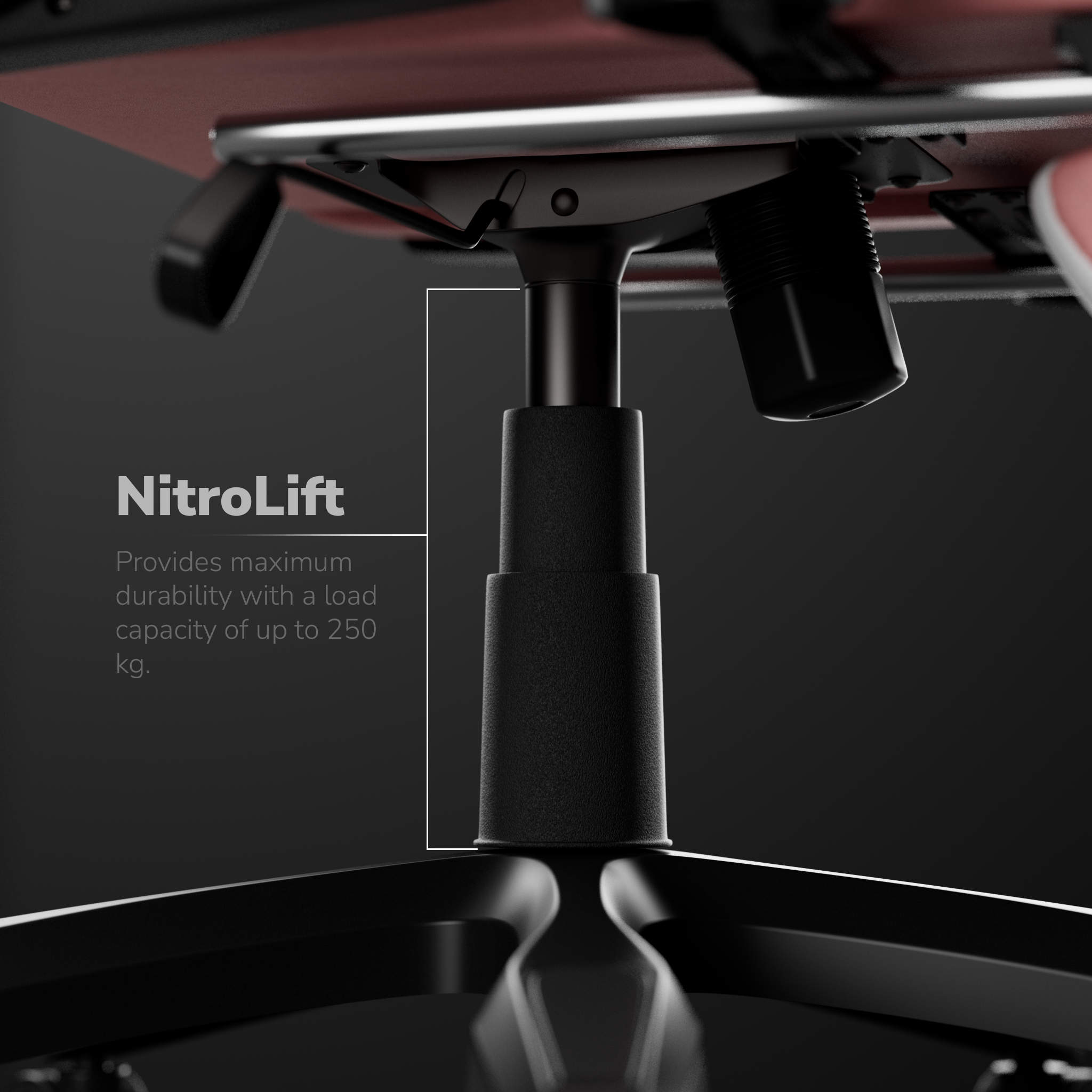 Primo piano del meccanismo della sedia nera con seduta rossa, mostra il testo NitroLift e capacità di carico fino a 250 kg.