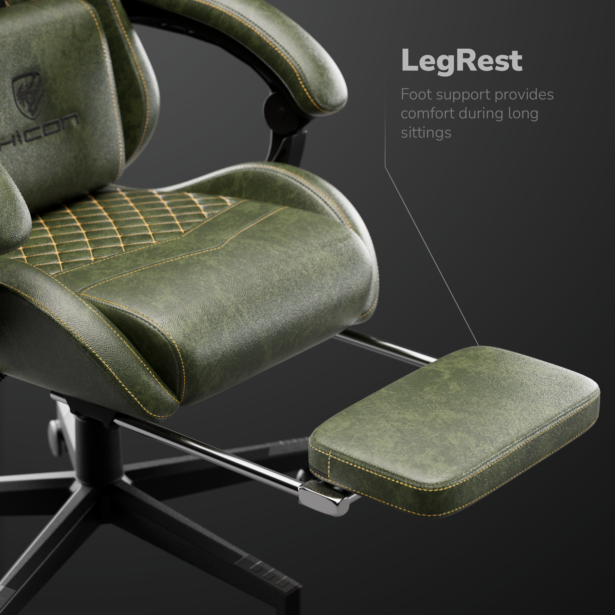 Chaise de jeu en cuir vert avec repose-pieds. La chaise a des coutures jaunes. Le fond est gris foncé.