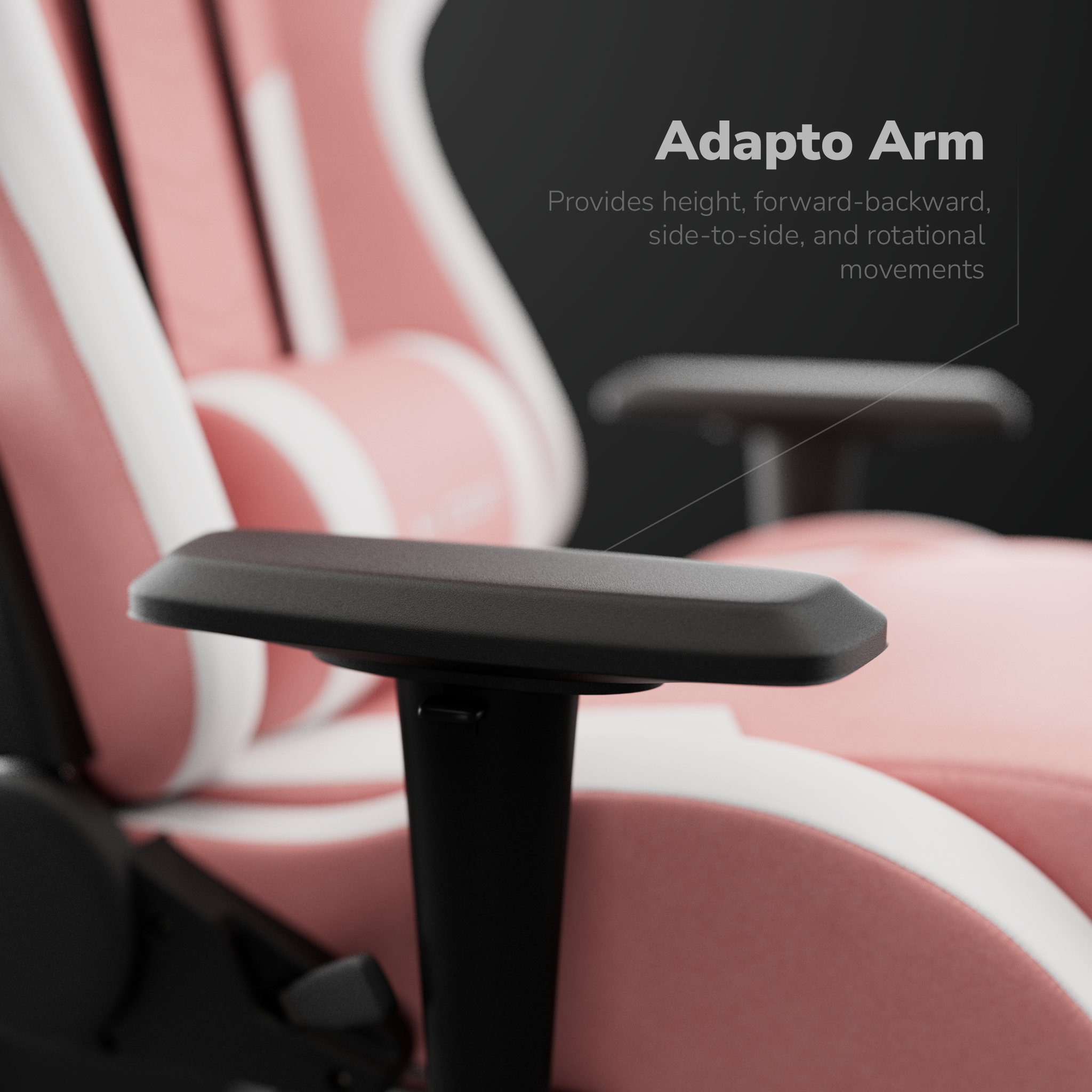 Gros plan sur un accoudoir de chaise de jeu rose et blanc, avec le texte 'Adapto Arm' et ses caractéristiques sur fond sombre.